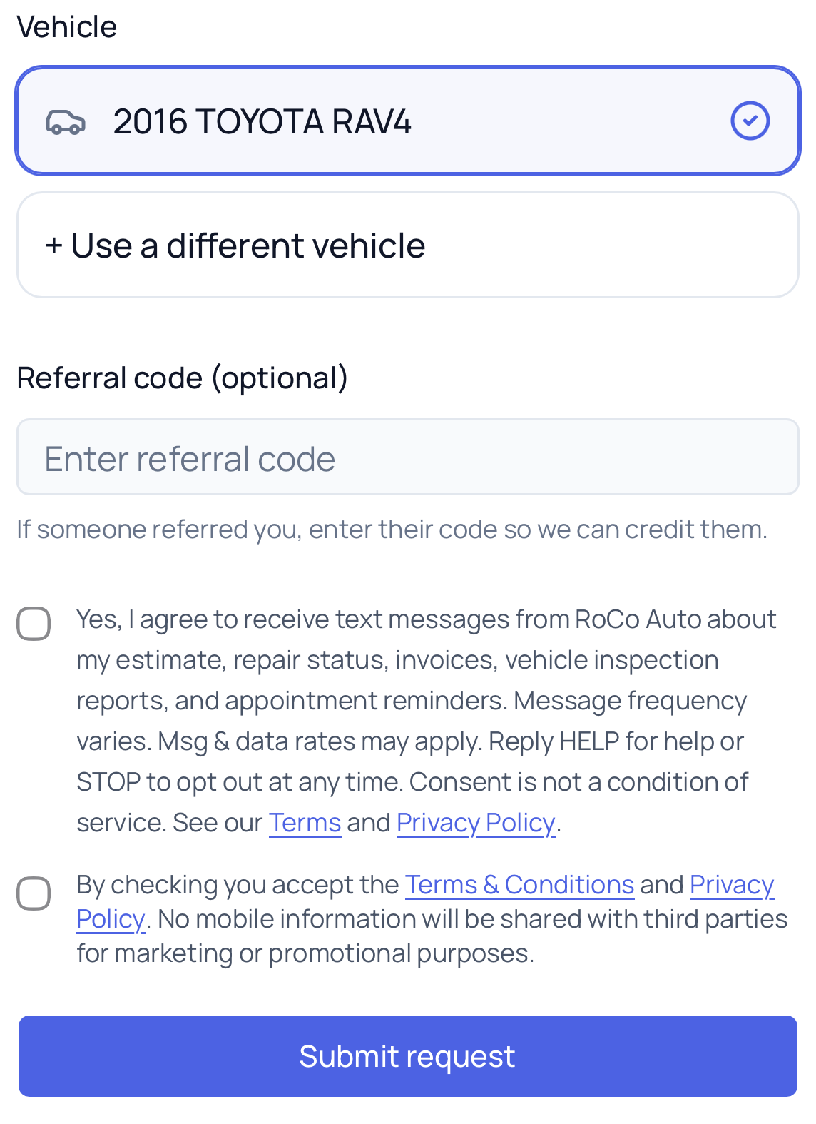 RoCo Auto quote form showing an unchecked, optional SMS consent checkbox with message frequency, data rates, HELP/STOP, and links to Terms and Privacy Policy.